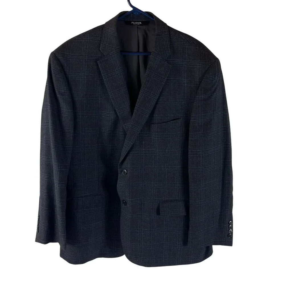 Jos A Bank Traveler Wool Blazer Jacket Mens 48 R Gray Checks Sport Coat Tailored